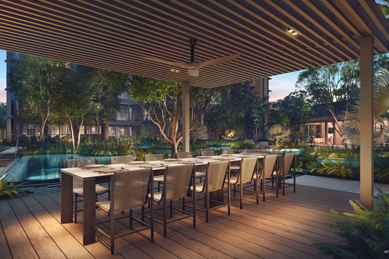 Outdoor dining pavilion beside the pool