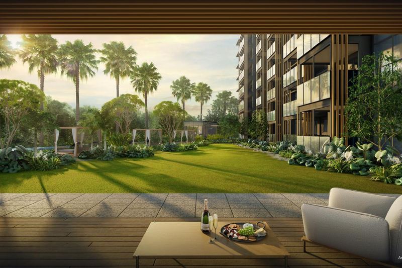 Garden lawn seen from a covered lounge