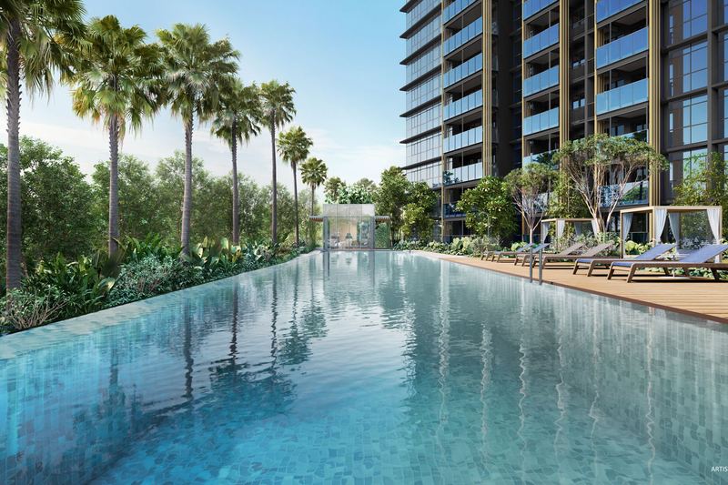 Lap pool and sun deck below the tower