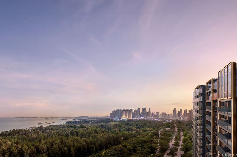 The tower at dusk with the city skyline in the distance