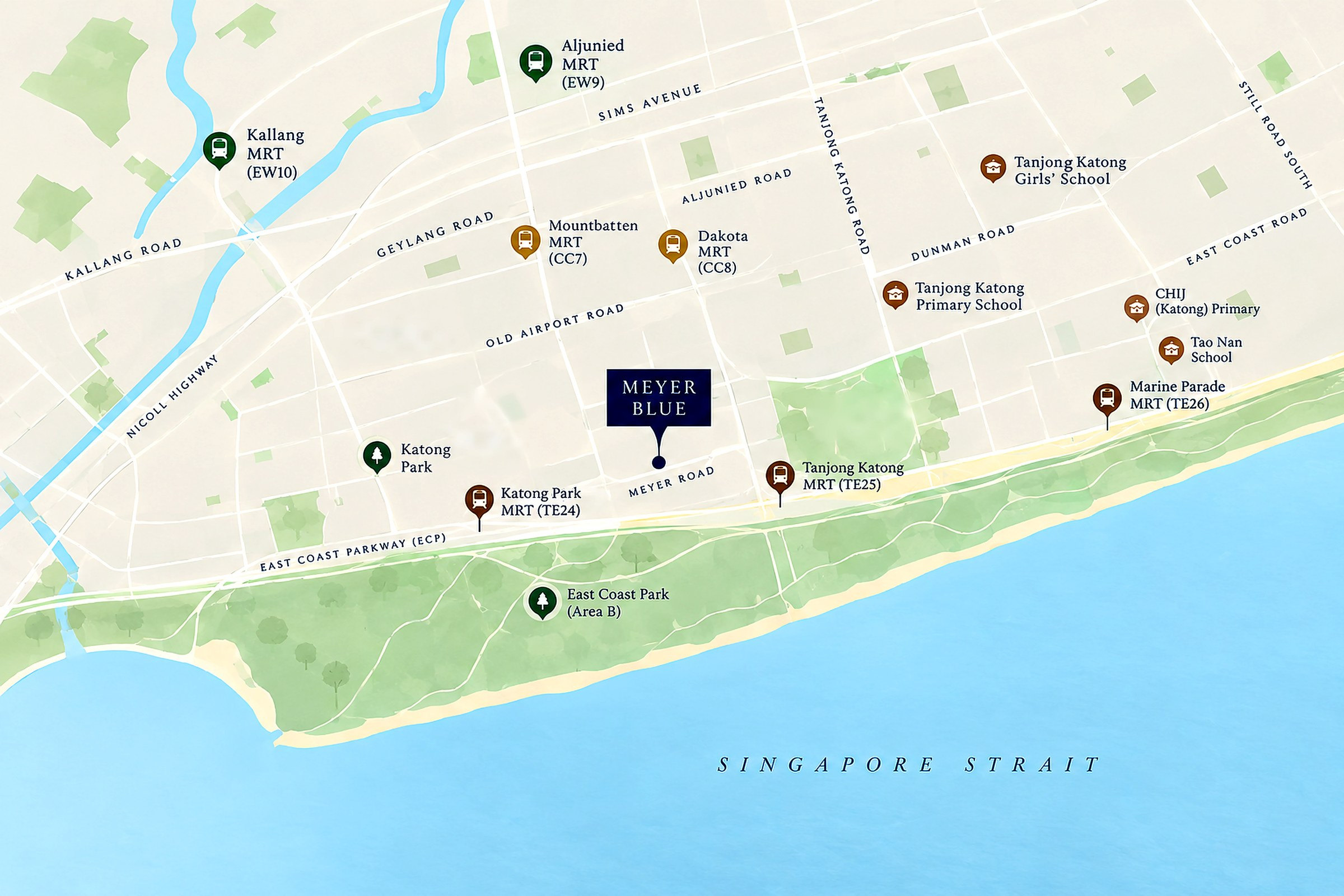 Illustrated location map of Meyer Blue on Meyer Road with nearby MRT stations, schools and East Coast Park