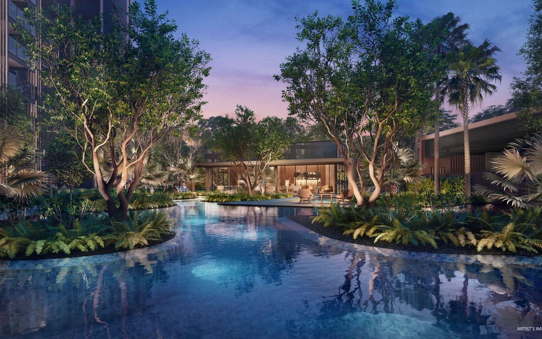 Landscaped pool at Meyer Blue in the evening