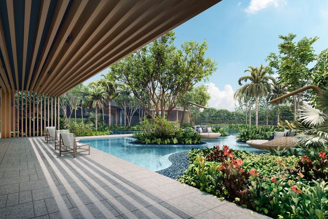 Covered walkway beside a landscaped pool